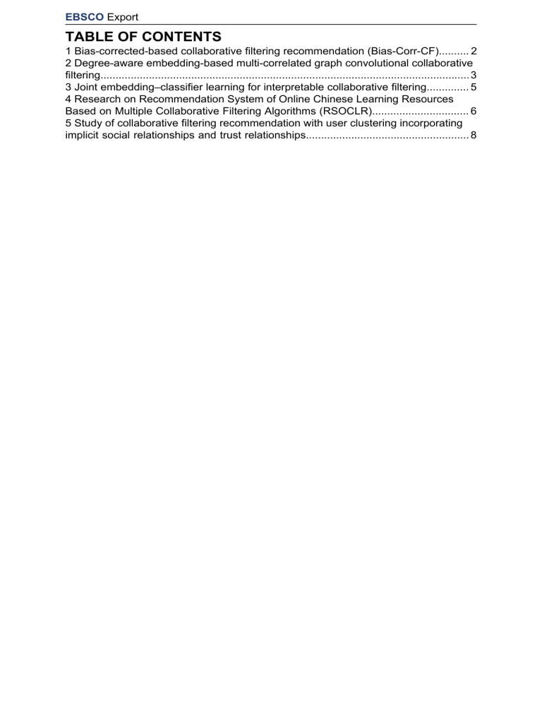 Collaborative Filtering Research Papers: Table of Contents