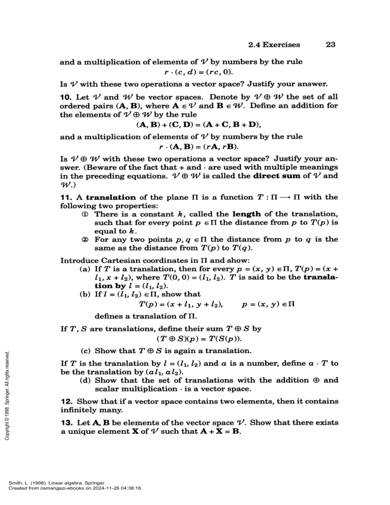 Linear Algebra Exercises: Vector Spaces & Translations