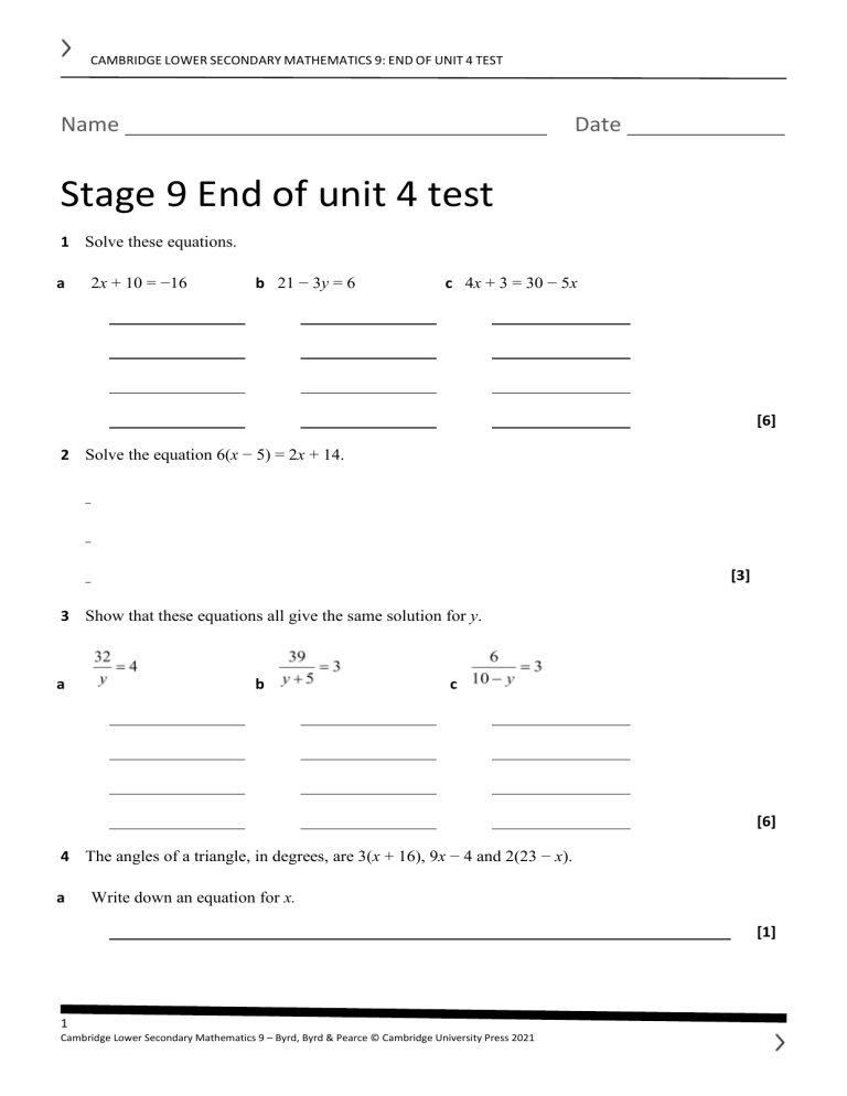 Cambridge Lower Secondary Math 9: End of Unit 4 Test - Equations ...