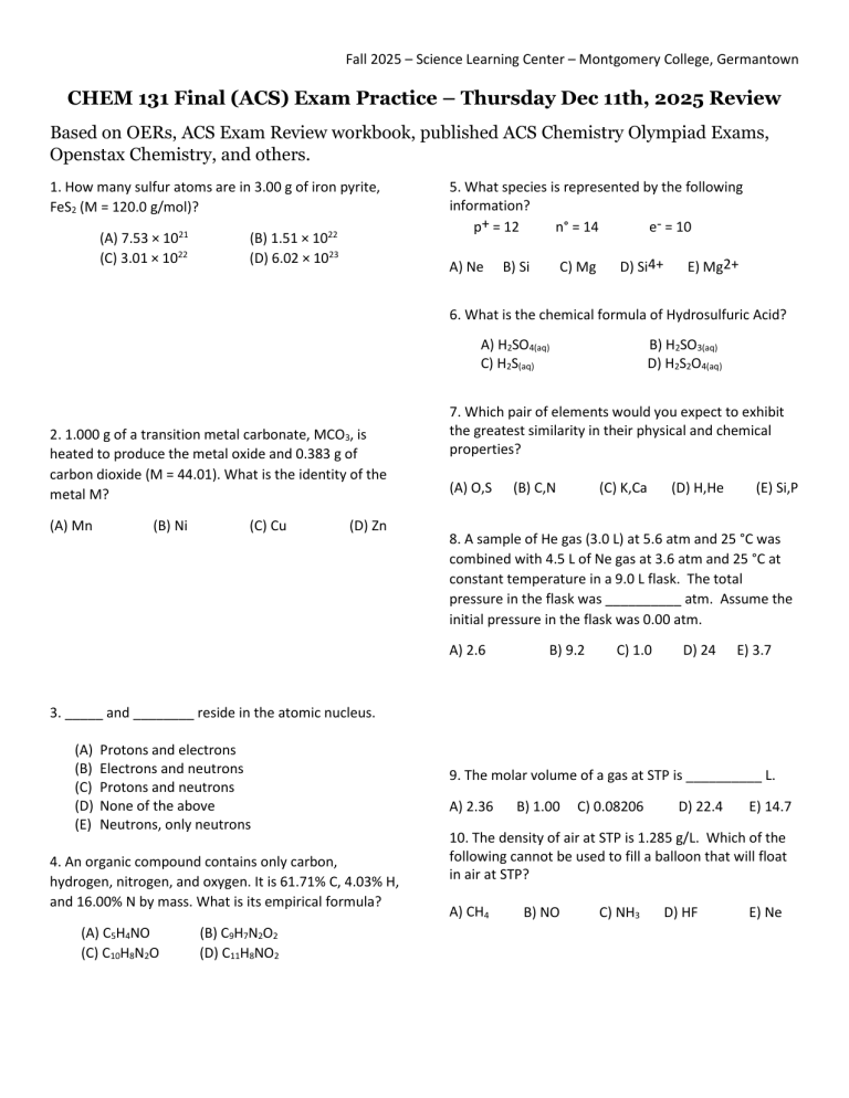 CHEM 131 Final (ACS) Exam Practice &amp; Review - Montgomery College