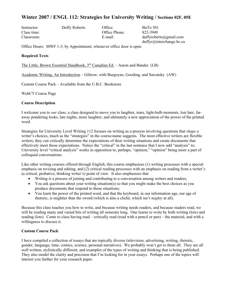 Ubc Writing ENGL 112: University Writing Strategies Syllabus - UBC Winter 2007