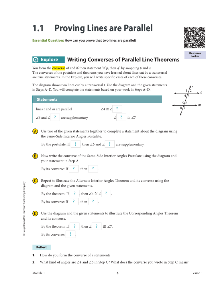 Proving Lines are Parallel Geometry Worksheet