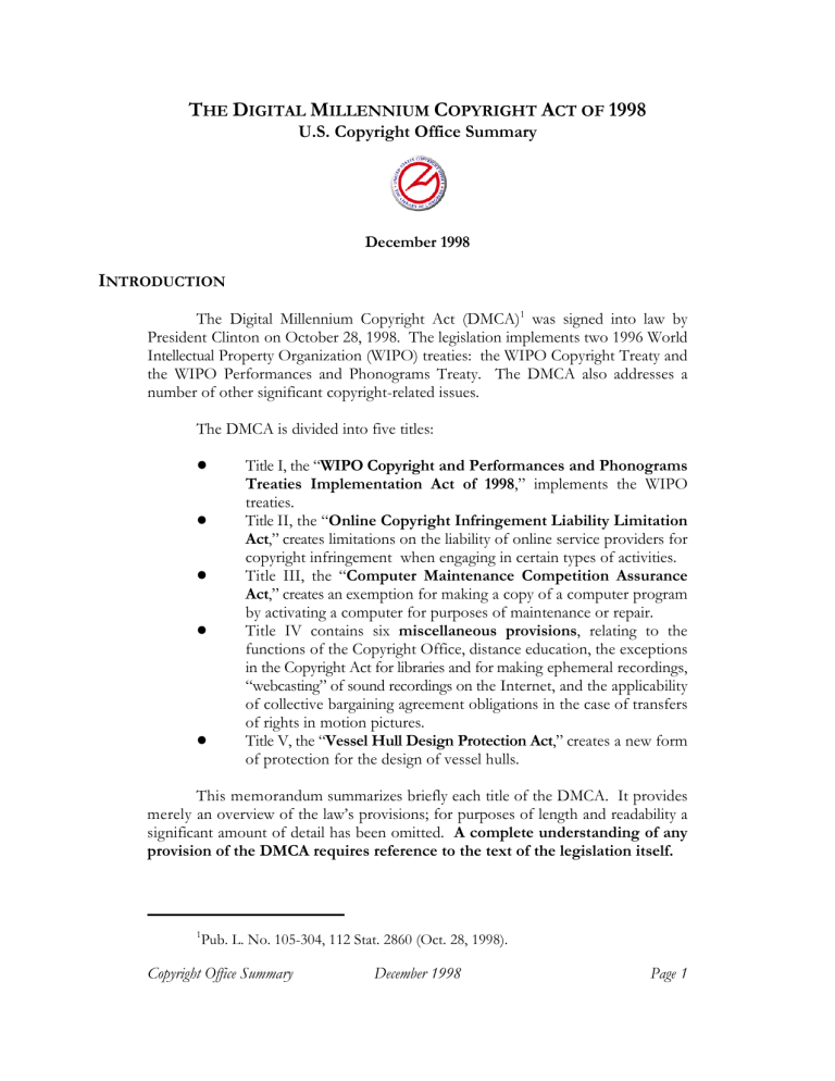 DMCA 1998: U.S. Copyright Office Summary of Key Provisions