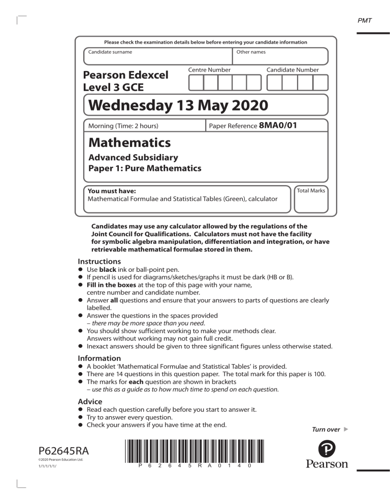 Edexcel A-Level Pure Mathematics Exam Paper 1 (2020)