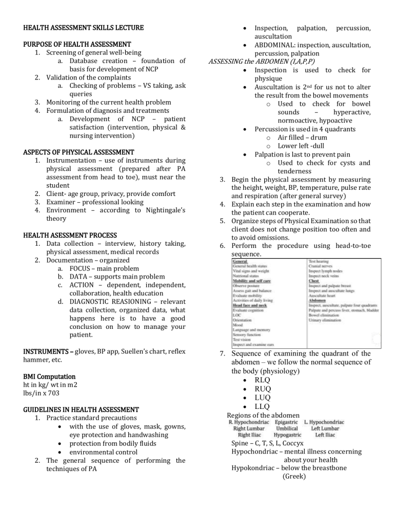 Health Assessment Skills Lecture Notes