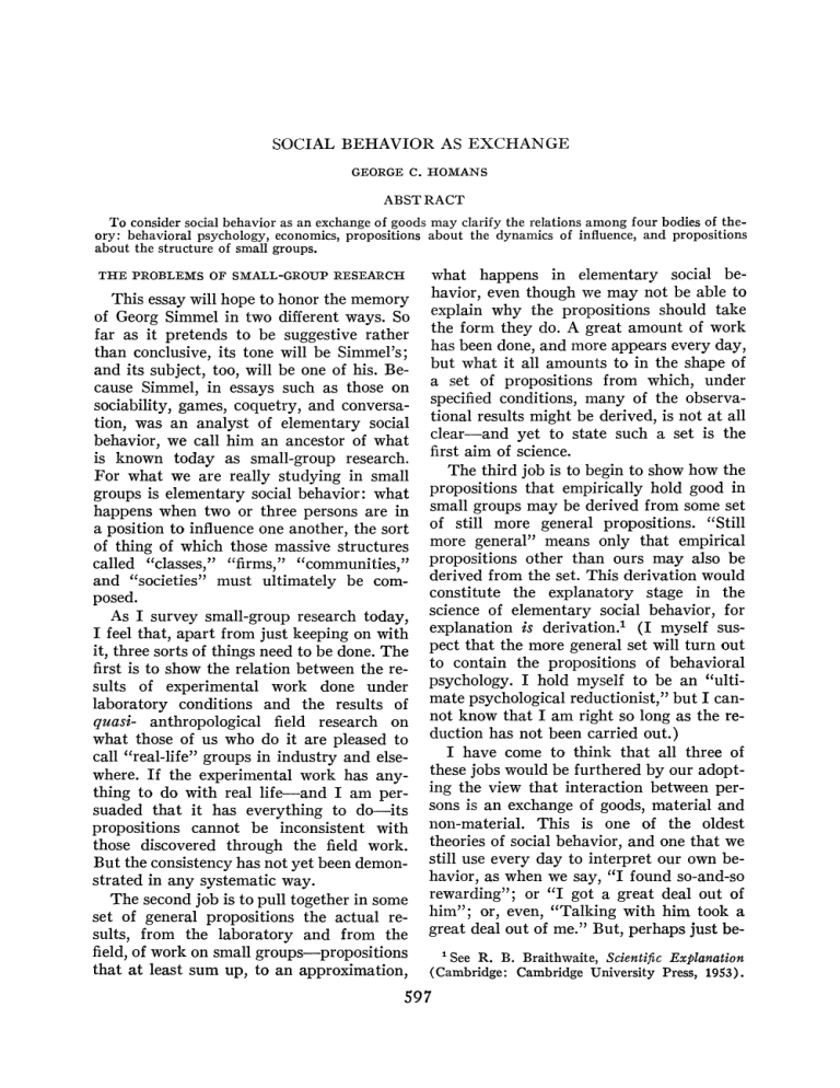 Social Behavior as Exchange: Homans' Theory & Small Group Research