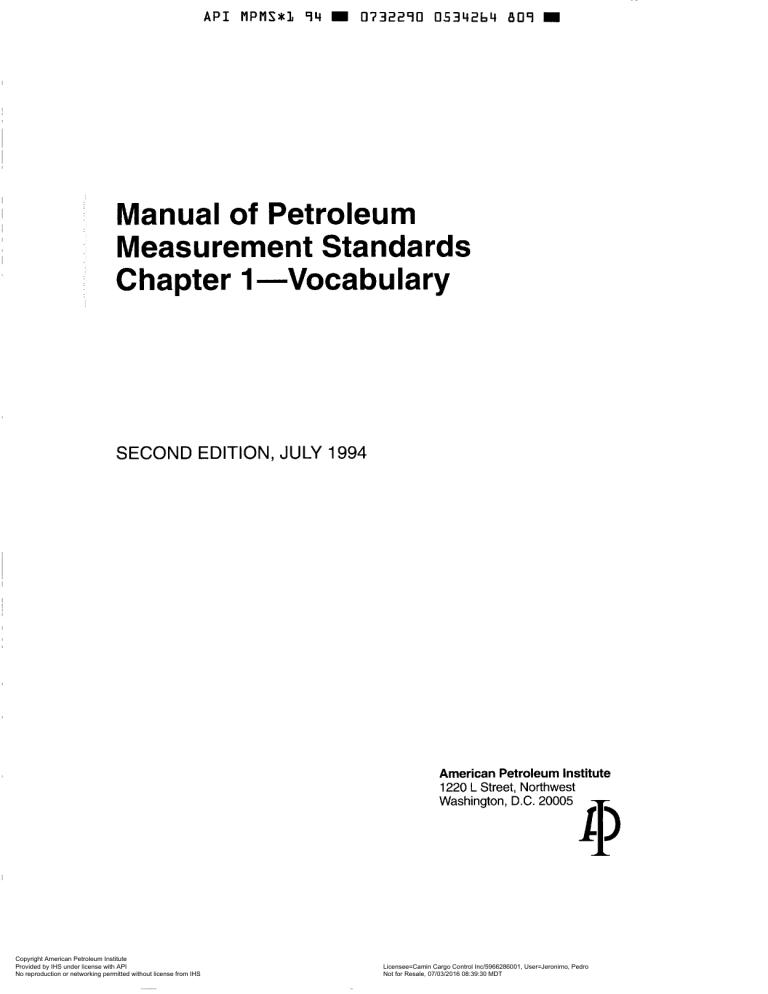 API MPMS Chapter 1 Vocabulary: Petroleum Measurement Standards