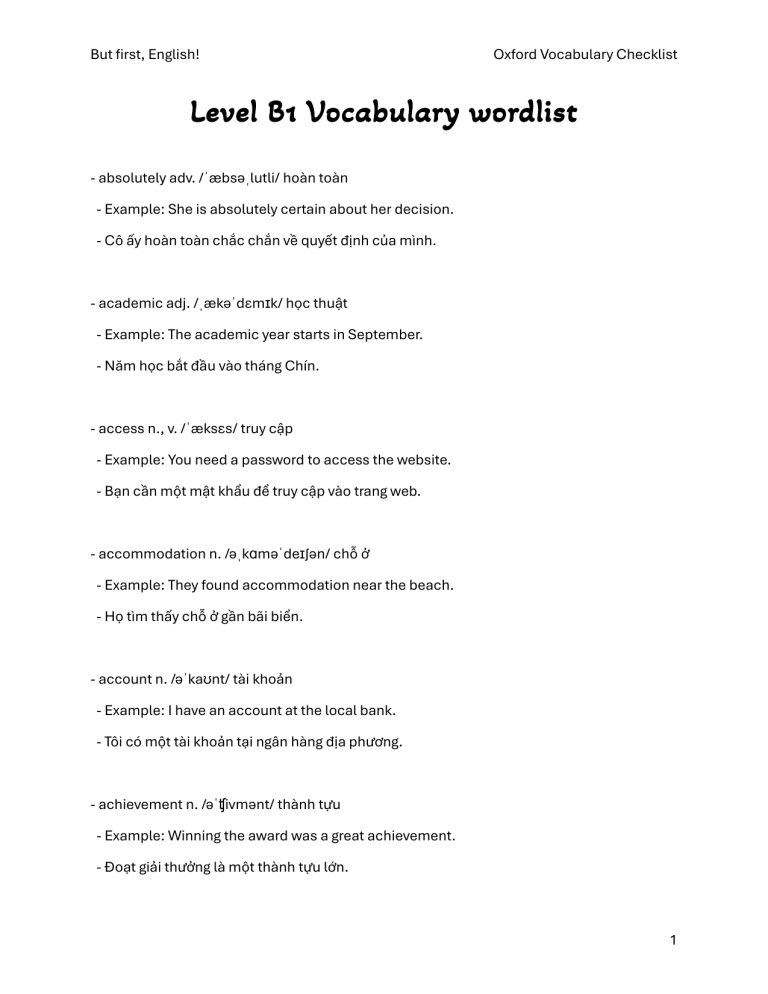 Oxford B1 Vocabulary Checklist