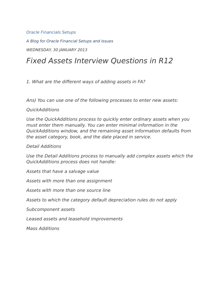 Oracle R12 Fixed Assets Interview Questions