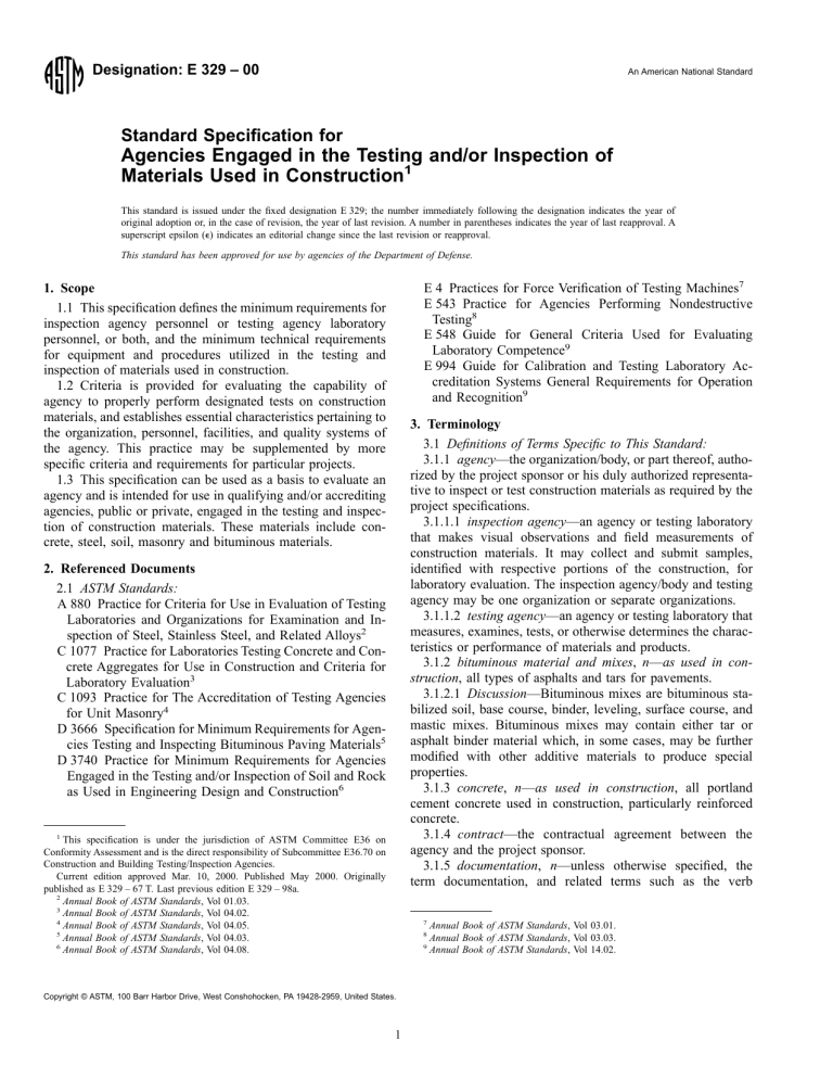 ASTM E 329 Standard for Construction Testing Agencies
