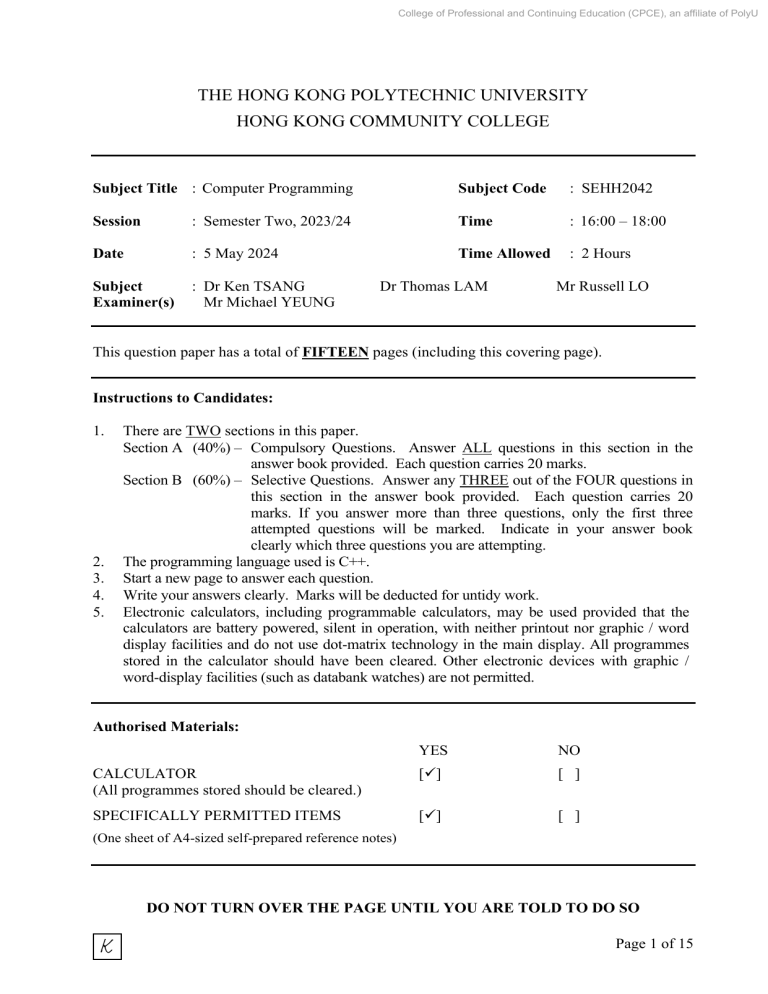 Computer Programming Exam Paper SEHH2042