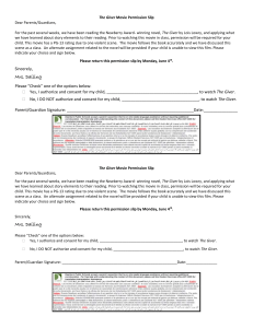 The Giver Movie Permission Slip for Class Viewing