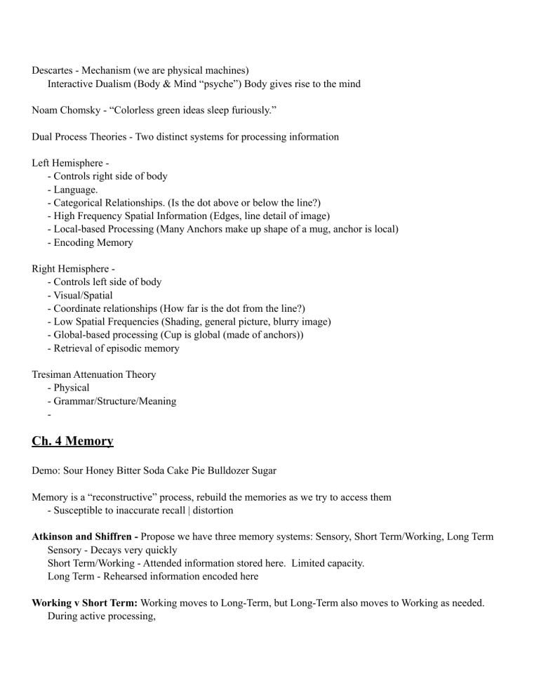 Cognitive Psychology Chapter 4: Memory & Brain Function