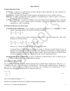 Relativity: Inertial Frames, Galilean & Lorentz Transformations