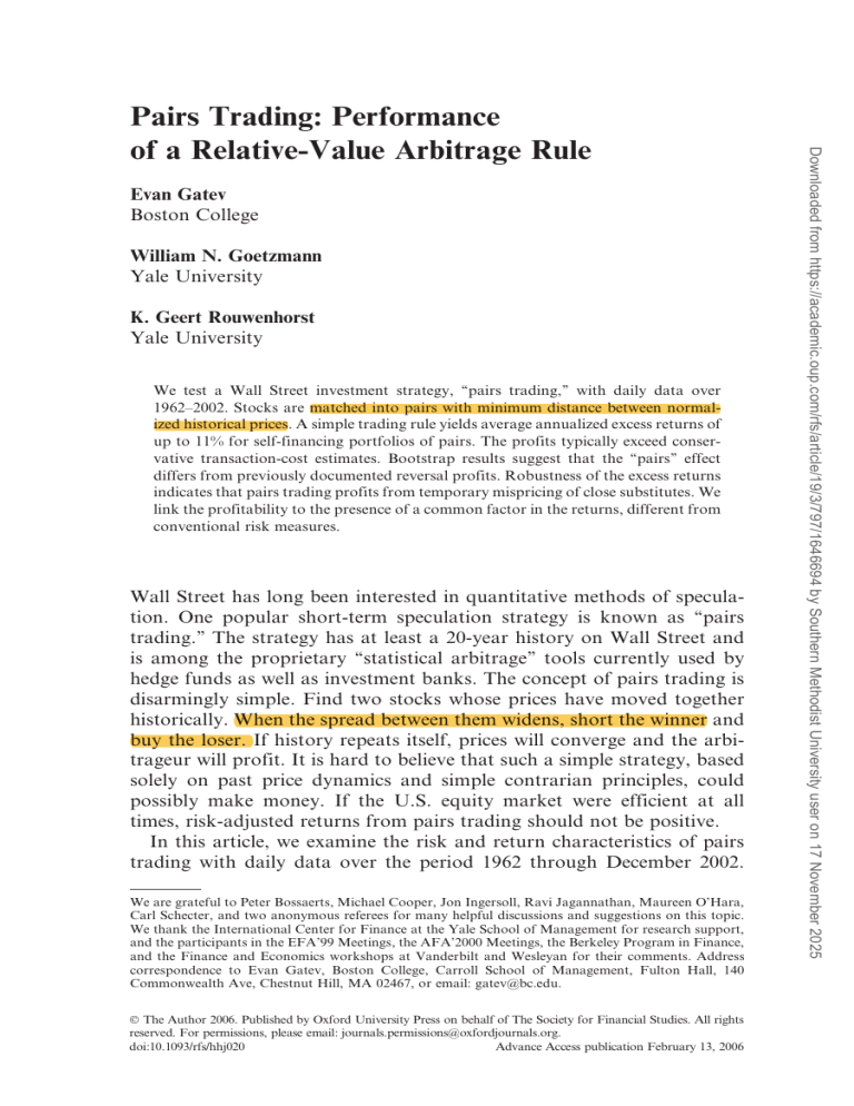 Pairs Trading: Performance of a Relative-Value Arbitrage Rule