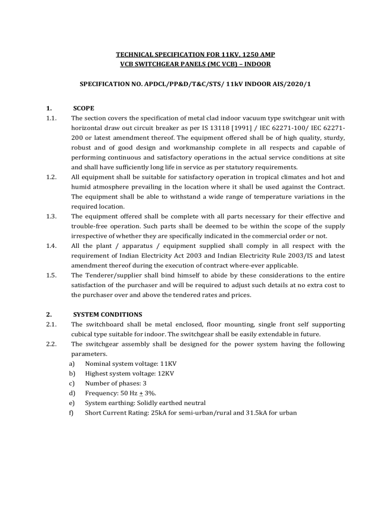11kV VCB Switchgear Panel Technical Specification