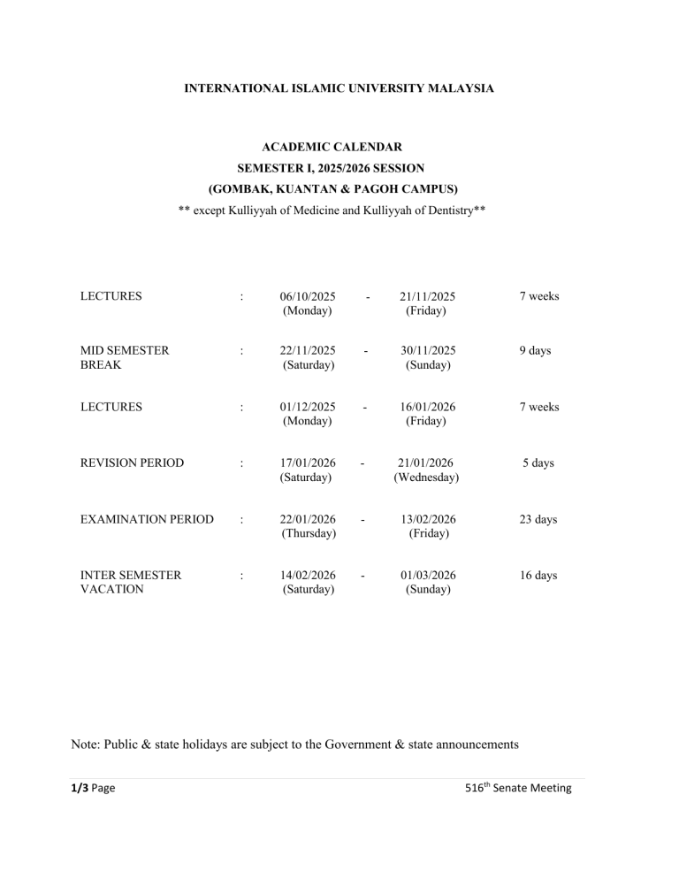 IIUM Academic Calendar 2025/2026 IIUM Academic Calendar 2025/2026