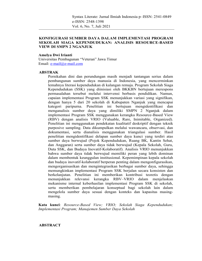 Analisis RBV VRIO Program Sekolah Siaga