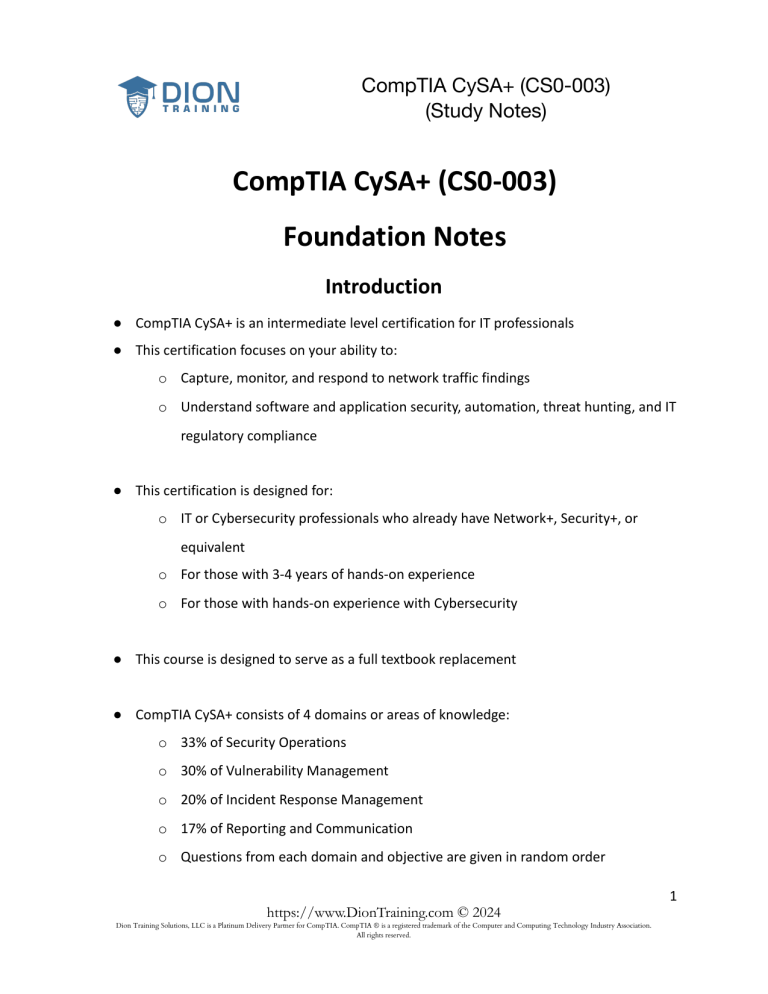 CompTIA CySA+ CS0-003 Study Notes