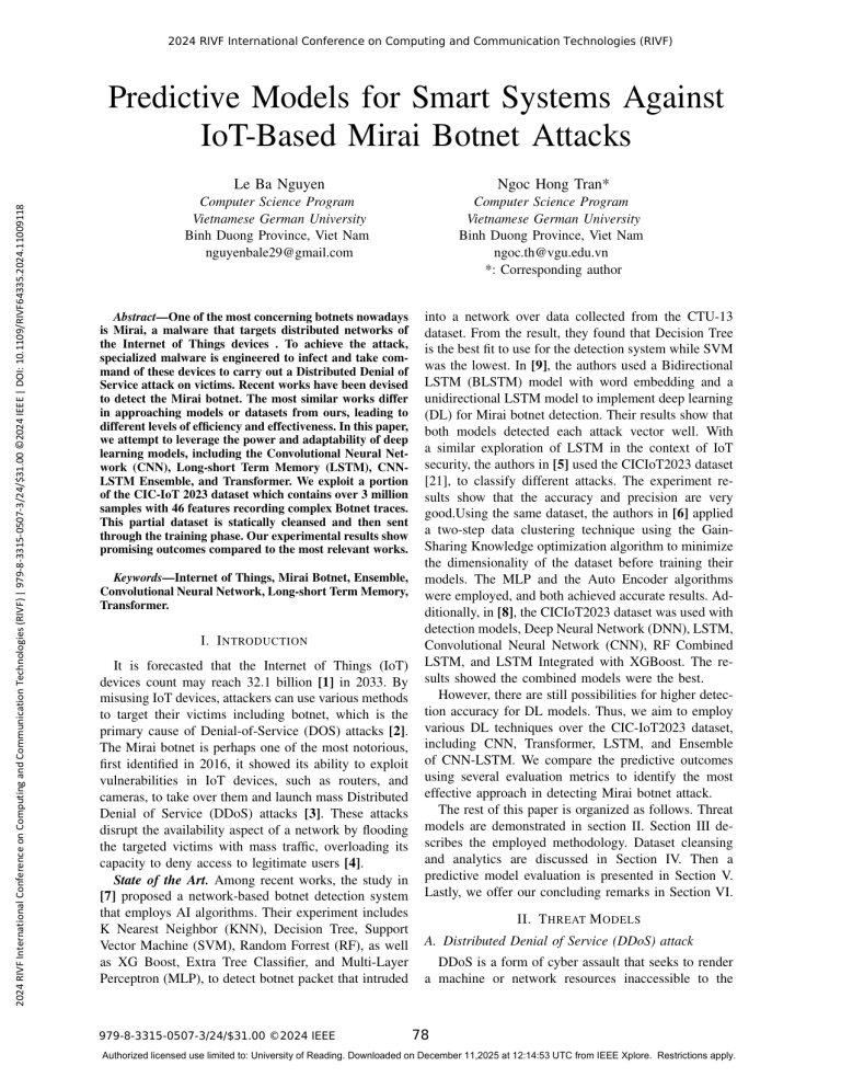 Deep Learning for IoT Mirai Botnet Detection