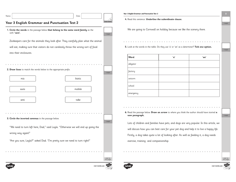 Year 3 English Grammar and Punctuation Test