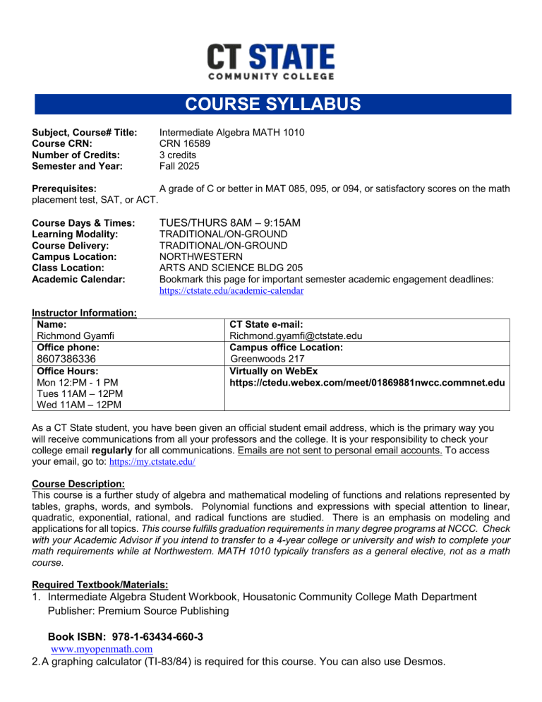 MATH 1010 Intermediate Algebra Syllabus Fall 2025