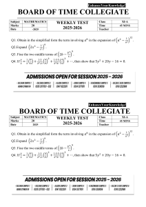 Mathematics Weekly Test on Binomial Theorem