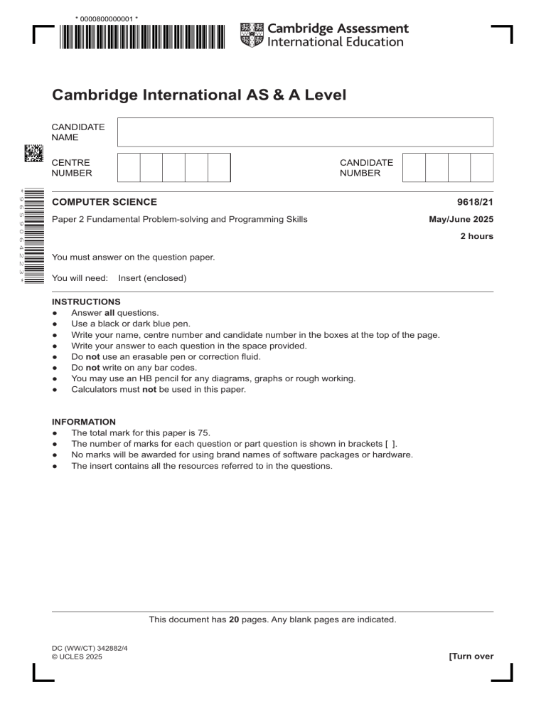 9618/21 MJ 25 Computer Science Exam Paper