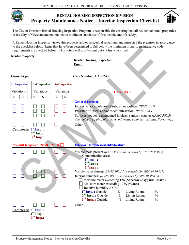 Gresham Rental Housing Inspection Checklist