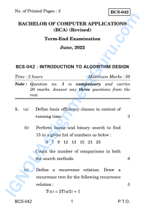 BCA Algorithm Design Exam Paper 2022