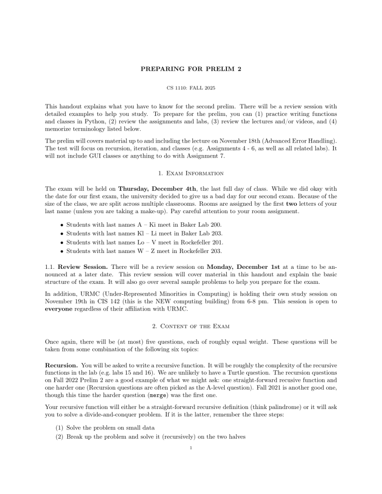 CS 1110 Prelim 2 Study Guide