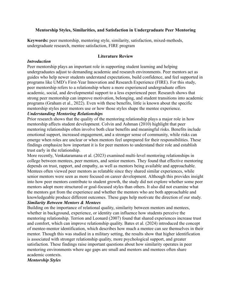Peer Mentorship Styles and Satisfaction in Undergraduate Research