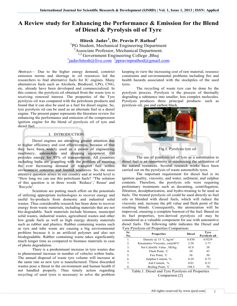Tyre Pyrolysis Oil & Diesel Blends: Performance & Emissions