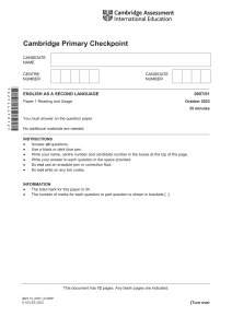 Cambridge Primary ESL Checkpoint Paper 1 (Oct 2023)