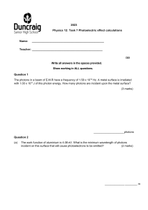 Physics 12: Photoelectric Effect Calculations Worksheet