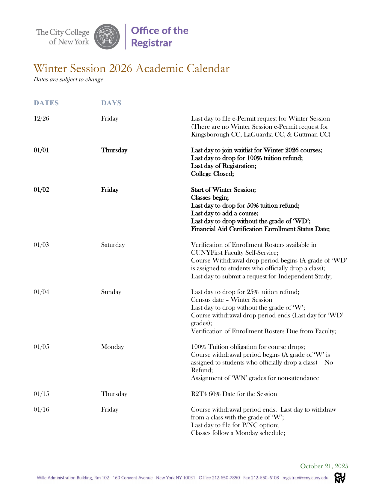 Winter Session 2026 Academic Calendar CUNY