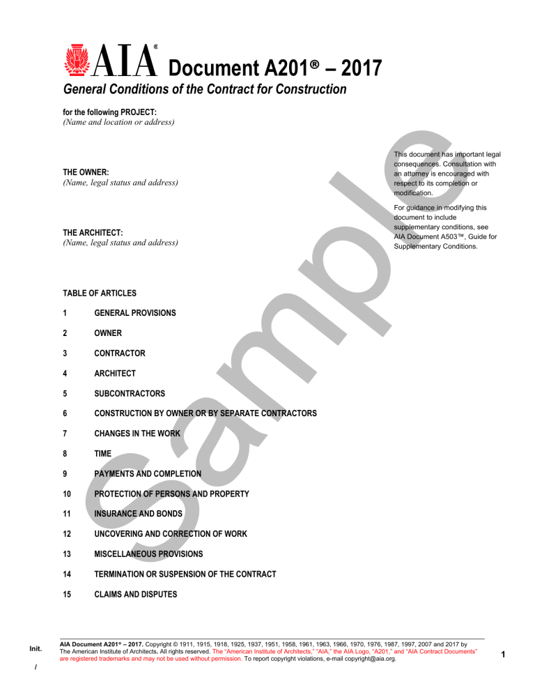 AIA A201 2017 General Conditions Construction Contract
