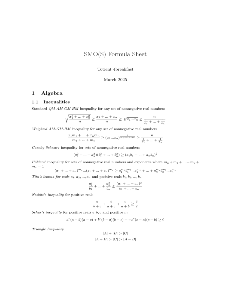 Smo Math SMO Mathematics Formula Sheet - Algebra, Geometry, Number Theory