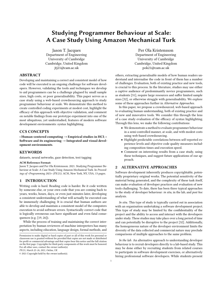 Programmer Behavior Study Using Amazon Mechanical Turk