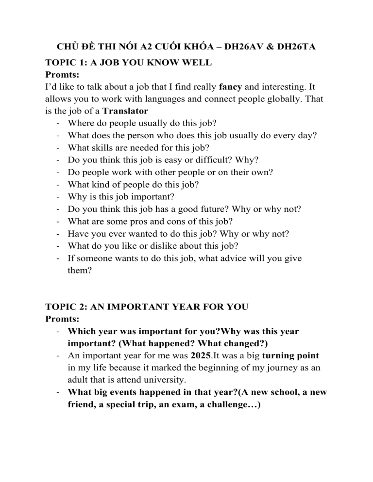 A2 English Speaking Exam Topics & Sample Answers
