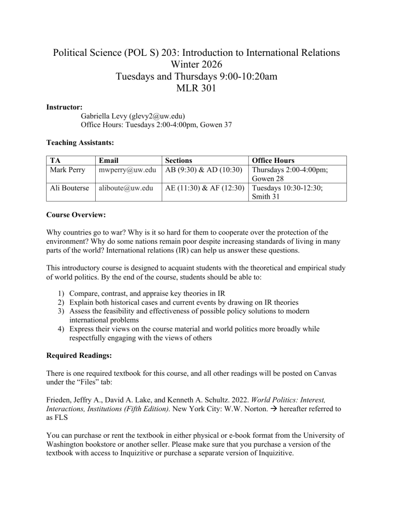 Intro to International Relations Syllabus | UW POL S 203