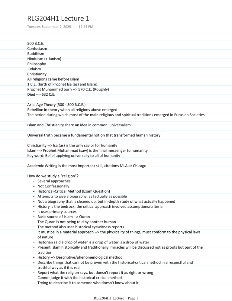 Introduction to Islam and World Religions - Lecture Notes