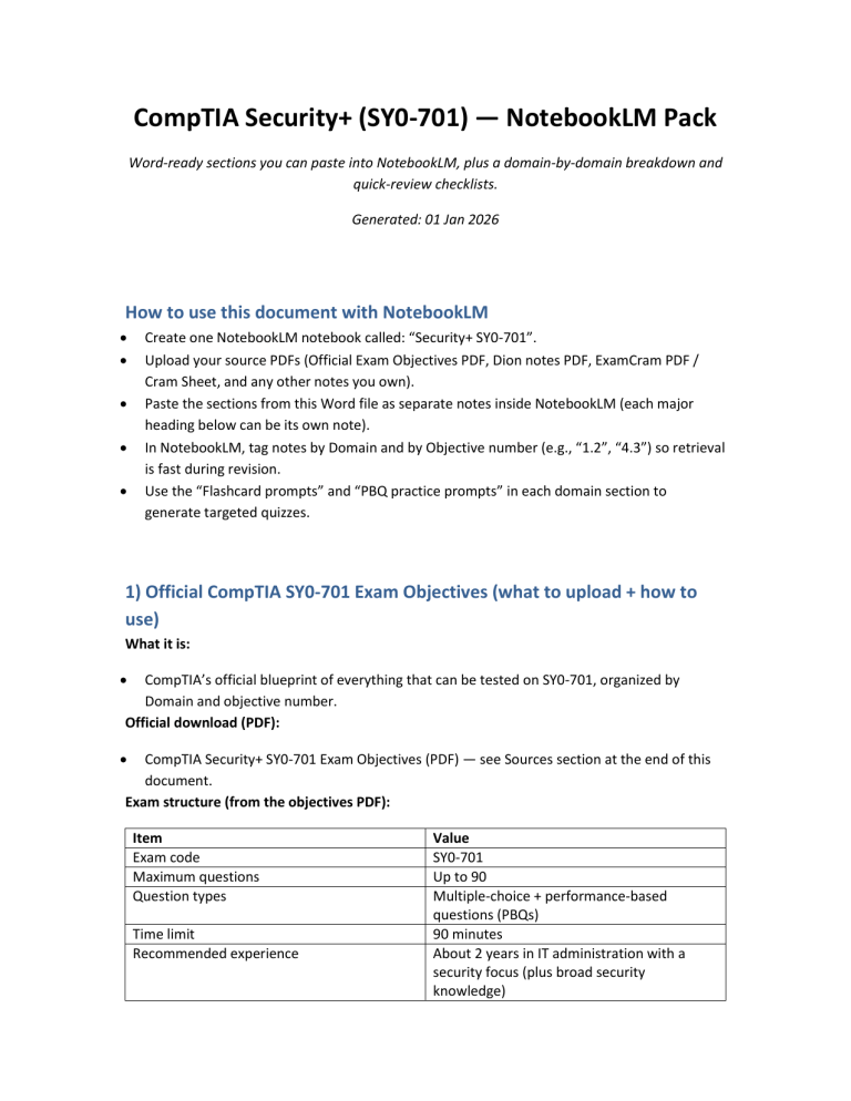 CompTIA Security+ SY0-701 Study Guide & NotebookLM Pack