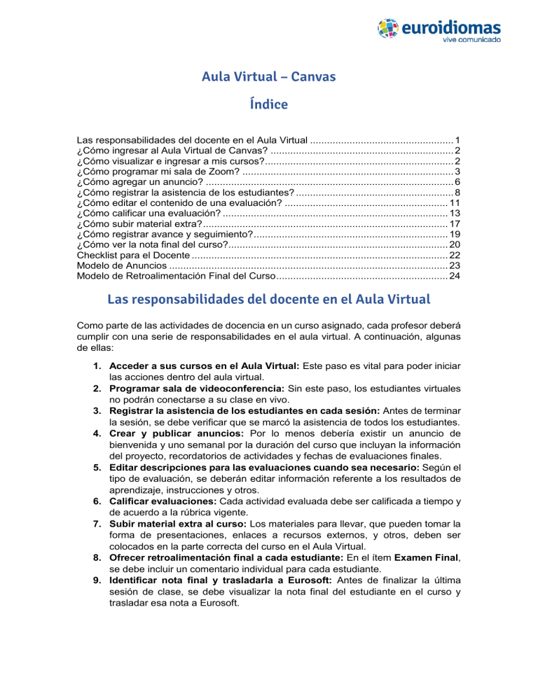 Guía del Docente para el Aula Virtual Canvas