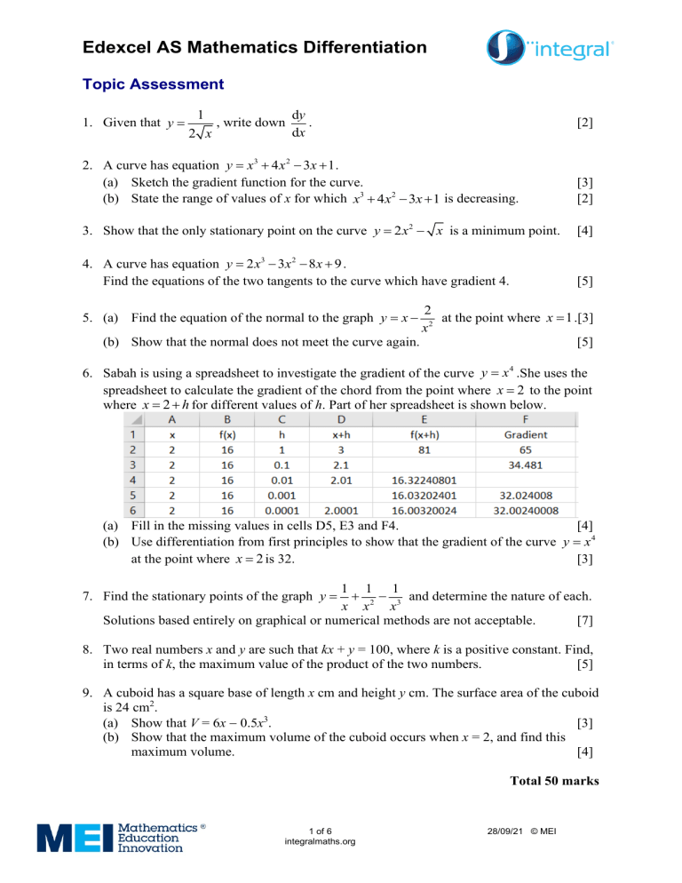 Edexcel AS Maths Differentiation Topic Assessment