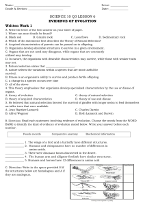 Science 10: Evidence of Evolution Worksheet