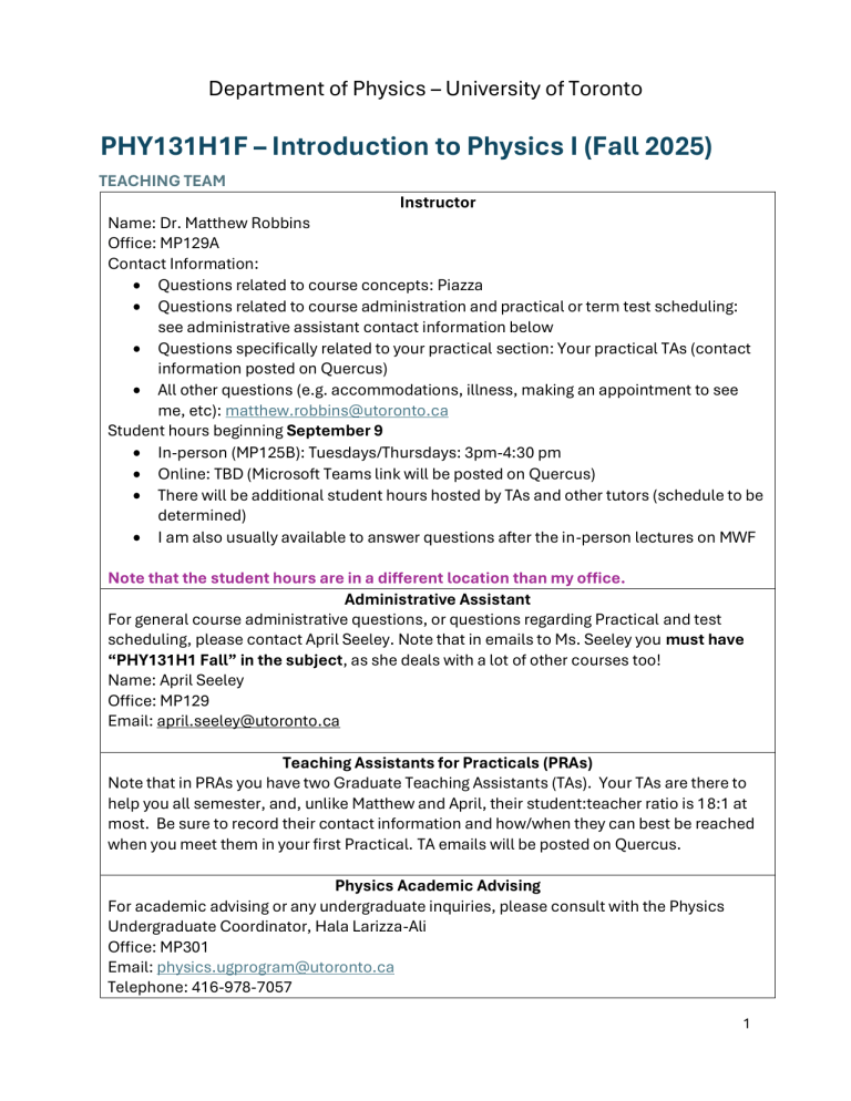 U of T PHY131H1F Physics Course Outline 2025
