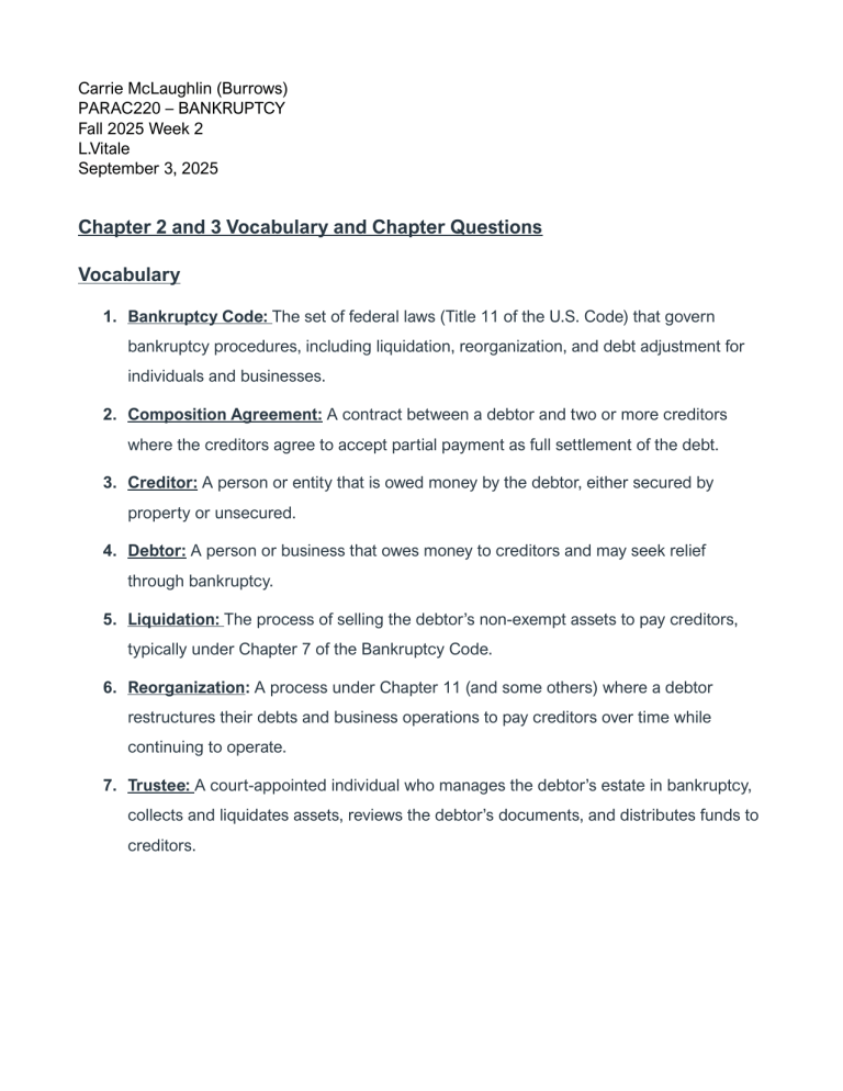 Bankruptcy Law Week 2 Assignment Guide