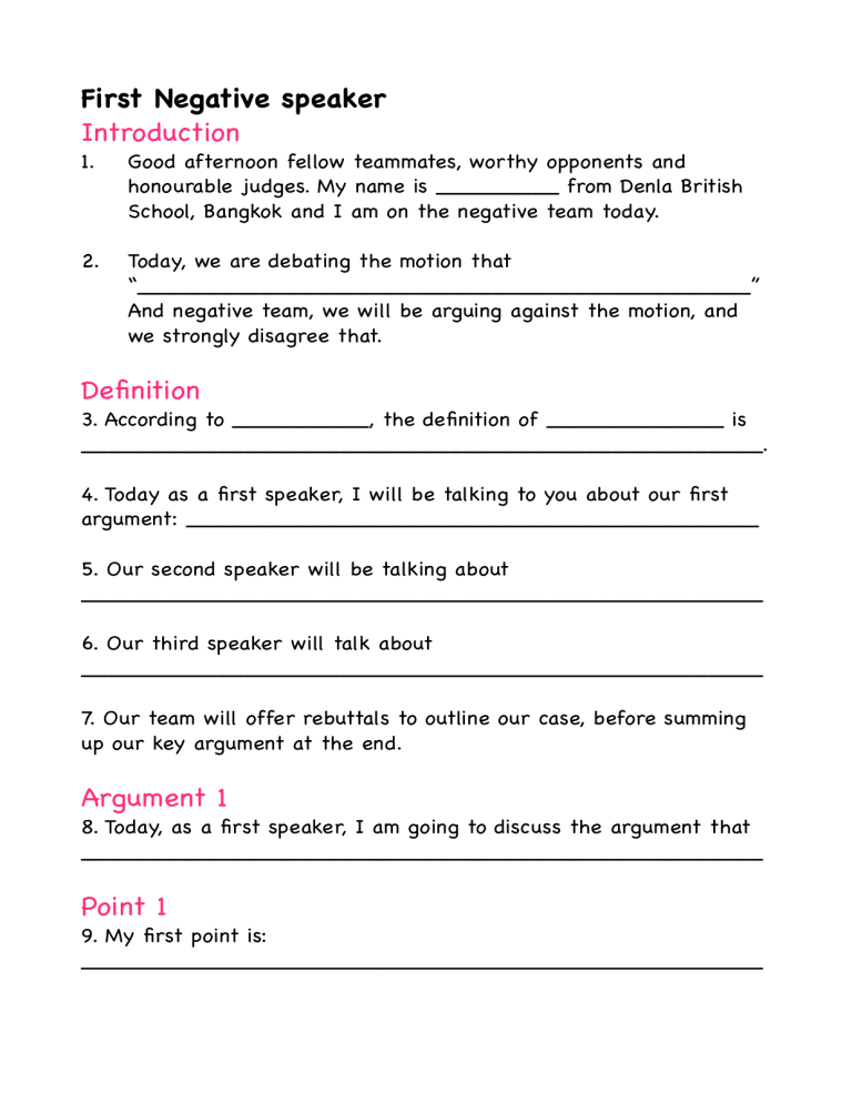 First Negative Speaker Debate Template