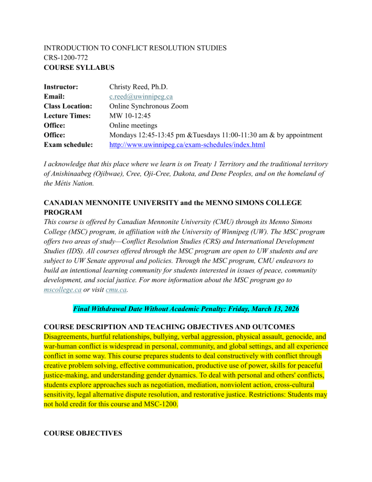 Conflict Resolution Studies Syllabus CRS-1200
